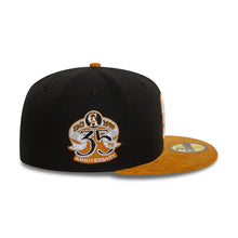 Load image into Gallery viewer, (Corduroy Visor) Los Angeles Anaheim Angels New Era MLB 59FIFTY 5950 Fitted Cap Hat Black Crown Wheat Visor White/Wheat Logo 35th Anniversary Side Patch

