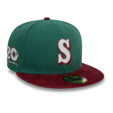 (Corduroy Visor) Seattle Mariners New Era MLB 59FIFTY 5950 Fitted Cap Hat Dark Green Crown Maroon Visor White/Maroon Logo 20th Anniversary Side Patch