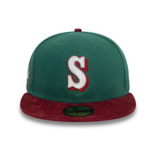Load image into Gallery viewer, (Corduroy Visor) Seattle Mariners New Era MLB 59FIFTY 5950 Fitted Cap Hat Dark Green Crown Maroon Visor White/Maroon Logo 20th Anniversary Side Patch
