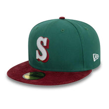 Load image into Gallery viewer, (Corduroy Visor) Seattle Mariners New Era MLB 59FIFTY 5950 Fitted Cap Hat Dark Green Crown Maroon Visor White/Maroon Logo 20th Anniversary Side Patch
