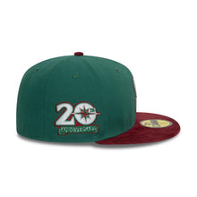 Load image into Gallery viewer, (Corduroy Visor) Seattle Mariners New Era MLB 59FIFTY 5950 Fitted Cap Hat Dark Green Crown Maroon Visor White/Maroon Logo 20th Anniversary Side Patch
