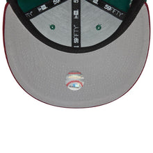 Load image into Gallery viewer, (Corduroy Visor) Seattle Mariners New Era MLB 59FIFTY 5950 Fitted Cap Hat Dark Green Crown Maroon Visor White/Maroon Logo 20th Anniversary Side Patch
