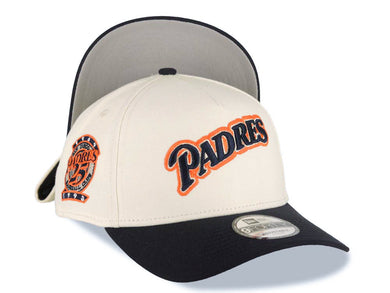 San Diego Padres New Era MLB 9FORTY 940 Adjustable A-Frame Cap Hat Cream Crown Navy Visor Navy/Silver/Orange Script Logo 25th Anniversary Side Patch