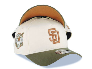 San Diego Padres New Era MLB 9FORTY 940 Adjustable A-Frame Cap Hat Cream Crown Olive Green Visor Light Brown Logo 40th Anniversary Side Patch