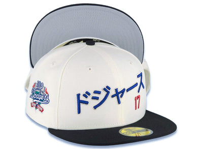 Los Angeles Dodgers New Era MLB 59FIFTY 5950 Fitted Cap Hat Cream Crown Black Visor Royal Blue/Red Logo 100 Anniversary Side Patch