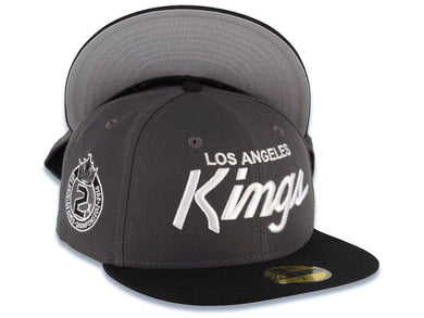 Los Angeles Kings New Era NHL 59FIFTY 5950 Fitted Cap Hat Dark Gray Crown Black Visor White Script Logo 2x Champions Side Patch