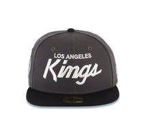 Load image into Gallery viewer, Los Angeles Kings New Era NHL 59FIFTY 5950 Fitted Cap Hat Dark Gray Crown Black Visor White Script Logo 2x Champions Side Patch
