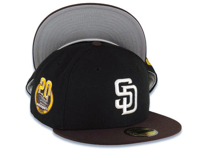 San Diego Padres New Era MLB 59FIFTY 5950 Fitted Cap Hat Black Crown Brown Visor White Logo 20th Anniversary Petco Park Side Patch