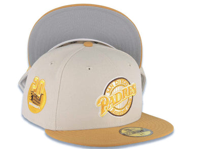 San Diego Padres New Era MLB 59FIFTY 5950 Fitted Cap Hat Stone Crown Tan Visor Wheat/Brown Baseball Club Logo 20th Anniversary Petco Park Side Patch