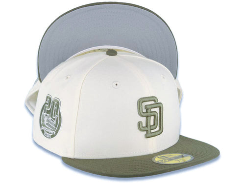 San Diego Padres New Era MLB 59FIFTY 5950 Fitted Cap Hat Cream Crown Olive Green Visor Olive Green Logo 20th Anniversary Petco Park Side Patch