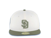 Load image into Gallery viewer, San Diego Padres New Era MLB 59FIFTY 5950 Fitted Cap Hat Cream Crown Olive Green Visor Olive Green Logo 20th Anniversary Petco Park Side Patch
