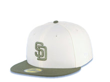 Load image into Gallery viewer, San Diego Padres New Era MLB 59FIFTY 5950 Fitted Cap Hat Cream Crown Olive Green Visor Olive Green Logo 20th Anniversary Petco Park Side Patch
