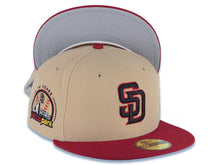 Load image into Gallery viewer, San Diego Padres New Era MLB 59FIFTY 5950 Fitted Cap Hat Khaki Crown Cardinal Visor Black/Cardinal Logo Petco Park Side Patch
