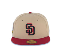 Load image into Gallery viewer, San Diego Padres New Era MLB 59FIFTY 5950 Fitted Cap Hat Khaki Crown Cardinal Visor Black/Cardinal Logo Petco Park Side Patch
