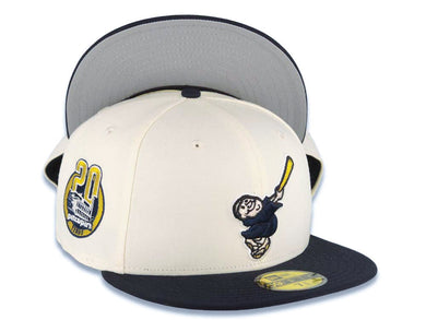 San Diego Padres New Era MLB 59FIFTY 5950 Fitted Cap Hat Cream Crown Navy Blue Visor Navy/Yellow Logo 20th Anniversary Petco Park Side Patch