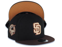 Load image into Gallery viewer, San Diego Padres New Era MLB 9FIFTY 950 Snapback Cap Hat Black Crown Brown Visor Khaki/Metallic Brown Logo 40th Anniversary Side Patch Orange UV
