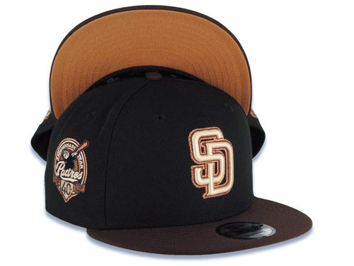 San Diego Padres New Era MLB 9FIFTY 950 Snapback Cap Hat Black Crown Brown Visor Khaki/Metallic Brown Logo 40th Anniversary Side Patch Orange UV