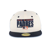 Load image into Gallery viewer, San Diego Padres New Era MLB 59FIFTY 5950 Fitted Cap Hat Cream Crown Navy Blue Visor Navy Blue/Orange Text Logo Swinging Friar Side Patch Green UV
