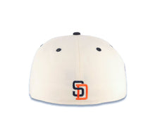 Load image into Gallery viewer, San Diego Padres New Era MLB 59FIFTY 5950 Fitted Cap Hat Cream Crown Navy Blue Visor Navy Blue/Orange Text Logo Swinging Friar Side Patch Green UV
