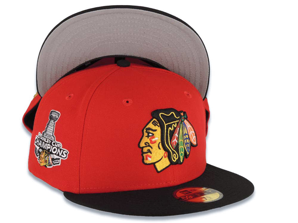 Chicago Blackhawks New Era NHL 59FIFTY 5950 Fitted Cap Hat Red Crown Black Visor Team Color Logo 2015 Stanley Cup Champions Side Patch Gray UV