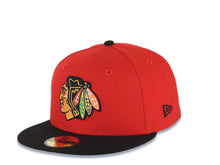 Load image into Gallery viewer, Chicago Blackhawks New Era NHL 59FIFTY 5950 Fitted Cap Hat Red Crown Black Visor Team Color Logo 2015 Stanley Cup Champions Side Patch Gray UV
