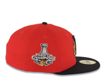 Load image into Gallery viewer, Chicago Blackhawks New Era NHL 59FIFTY 5950 Fitted Cap Hat Red Crown Black Visor Team Color Logo 2015 Stanley Cup Champions Side Patch Gray UV
