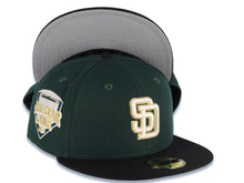 Load image into Gallery viewer, San Diego Padres New Era MLB 59FIFTY 5950 Fitted Cap Hat Dark Green Crown Black Visor Cream/Metallic Gold Logo 1992 All-Star Game Side Patch Gray UV
