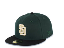 Load image into Gallery viewer, San Diego Padres New Era MLB 59FIFTY 5950 Fitted Cap Hat Dark Green Crown Black Visor Cream/Metallic Gold Logo 1992 All-Star Game Side Patch Gray UV
