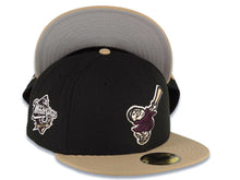 Load image into Gallery viewer, San Diego Padres New Era MLB 59FIFTY 5950 Fitted Cap Hat Black Crown Khaki Visor Maroon Swinging Friar Logo 1998 World Series Side Patch Gray UV
