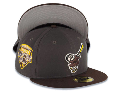 San Diego Padres New Era MLB 59FIFTY 5950 Fitted Cap Hat Dark Gray Crown Brown Visor Brown/Yellow Swinging Friar Logo 1992 All-Star Game Side Patch