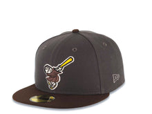 Load image into Gallery viewer, San Diego Padres New Era MLB 59FIFTY 5950 Fitted Cap Hat Dark Gray Crown Brown Visor Brown/Yellow Swinging Friar Logo 1992 All-Star Game Side Patch
