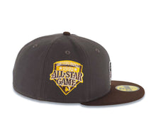 Load image into Gallery viewer, San Diego Padres New Era MLB 59FIFTY 5950 Fitted Cap Hat Dark Gray Crown Brown Visor Brown/Yellow Swinging Friar Logo 1992 All-Star Game Side Patch
