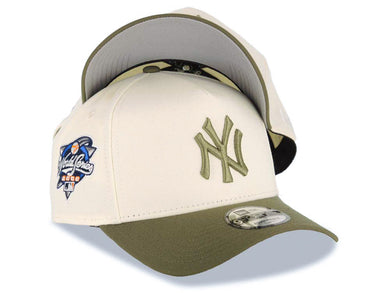 New York Yankees New Era MLB 9FORTY 940 Adjustable A-Frame Cap Hat Cream Crown Olive Green Visor Olive Green Logo 2000 World Series Side Patch