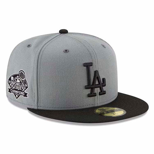Los Angeles Dodgers New Era MLB 59FIFTY 5950 Fitted Cap Hat Gray Crown Black Visor Black Logo 2024 World Series Champions Side Patch Gray UV
