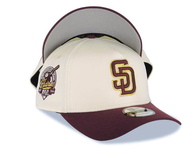 San Diego Padres New Era MLB 9FORTY 940 Adjustable A-Frame Cap Hat Cream Crown Maroon Visor Maroon/Metallic Gold Logo 40th Anniversary Side Patch