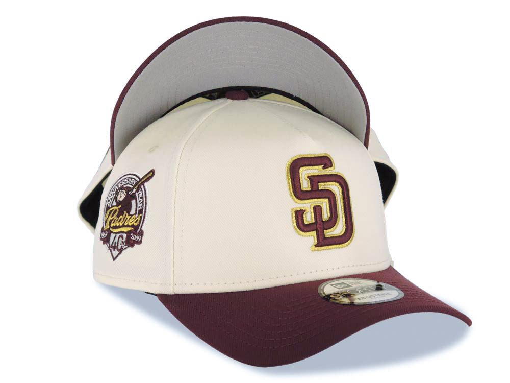 San Diego Padres New Era MLB 9FORTY 940 Adjustable A-Frame Cap Hat Cream Crown Maroon Visor Maroon/Metallic Gold Logo 40th Anniversary Side Patch