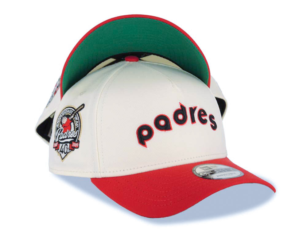 San Diego Padres New Era MLB 9FORTY 940 Adjustable A-Frame Cap Hat Cream Crown Red Visor Black/Red Script/Text Logo 40th Anniversary Side Patch