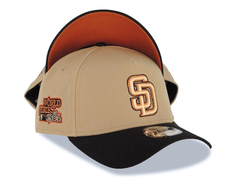 San Diego Padres New Era MLB 9FORTY 940 Adjustable A-Frame Cap Hat Khaki Crown Black Visor Peach/Metallic Brown/Black Logo 1984 World Series Patch