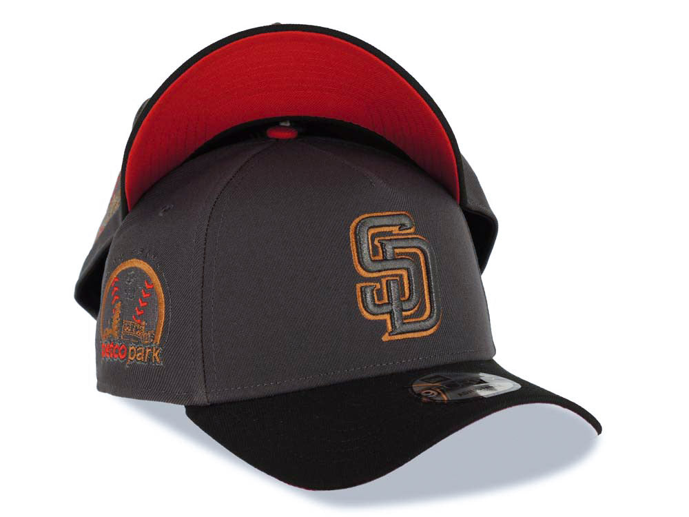 San Diego Padres New Era MLB 9FORTY 940 Adjustable A-Frame Cap Hat Dark Gray Crown Black Visor Metallic Black/Light Brown Logo Petco Park Side Patch