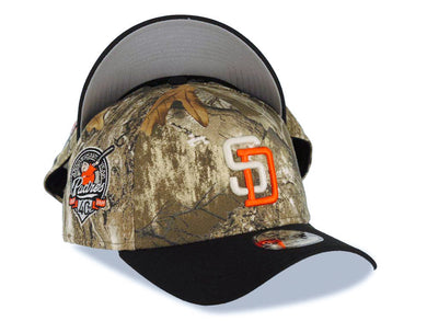 San Diego Padres New Era MLB 9FORTY 940 Adjustable A-Frame Cap Hat Real Tree Edge Camo Crown Black Visor White/Orange Logo 40th Anniversary Side Patch