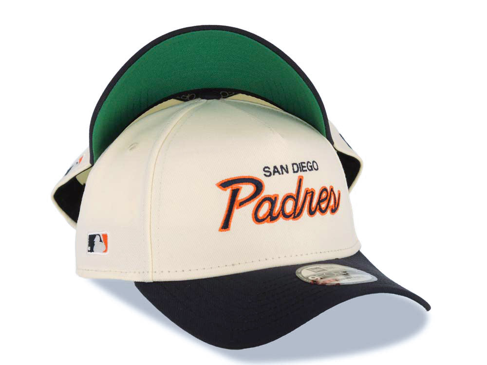 San Diego Padres New Era MLB 9FORTY 940 Adjustable A-Frame Cap Hat Cream Crown Navy Blue Visor Navy Blue/Orange Script/Text Logo Green UV