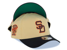 Load image into Gallery viewer, San Diego Padres New Era MLB 9FORTY 940 Adjustable A-Frame Cap Hat Vegas Gold Crown Black Visor Brown/Orange Cooperstown Logo 25th Anniversary Patch
