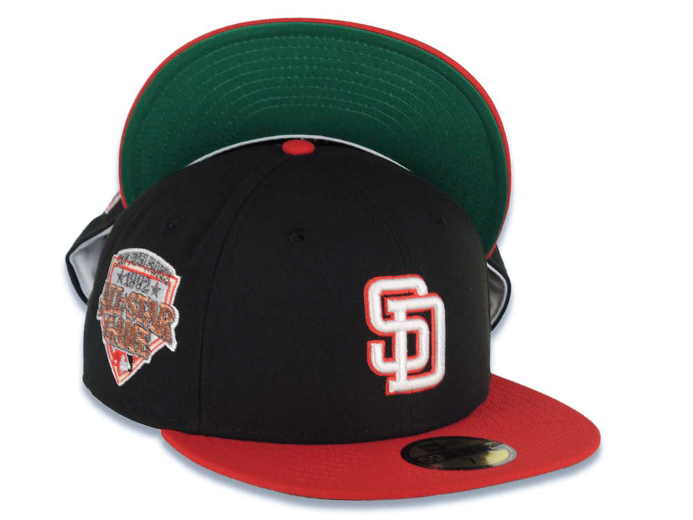 San Diego Padres New Era MLB 59FIFTY 5950 Fitted Cap Hat Black Crown Red Visor White/Red Logo 1992 All-Star Game Side Patch
