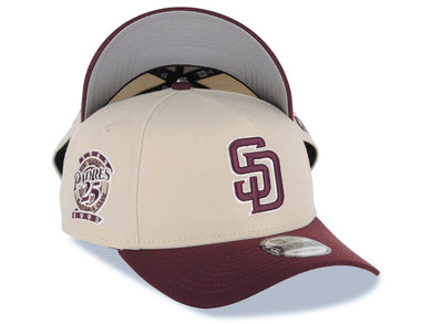 San Diego Padres New Era MLB 9FORTY 940 Adjustable A-Frame Cap Hat Stone Crown Maroon Visor Maroon Logo 25th Anniversary Side Patch