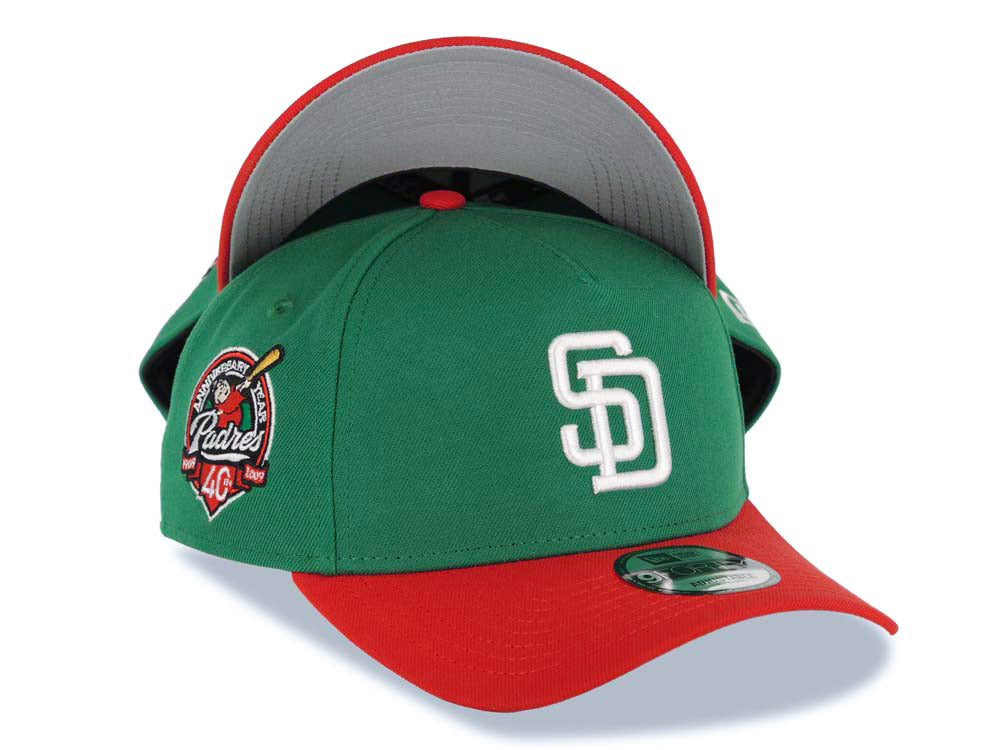 San Diego Padres New Era MLB 9FORTY 940 Adjustable A-Frame Cap Hat Green Crown Red Visor White Logo 40th Anniversary Side Patch