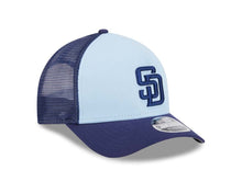 Load image into Gallery viewer, San Diego Padres New Era MLB 9FORTY 940 Adjustable A-Frame Trucker Mesh Cap Hat White/Navy Crown Navy Blue Visor Navy Blue Logo (Color Pack)

