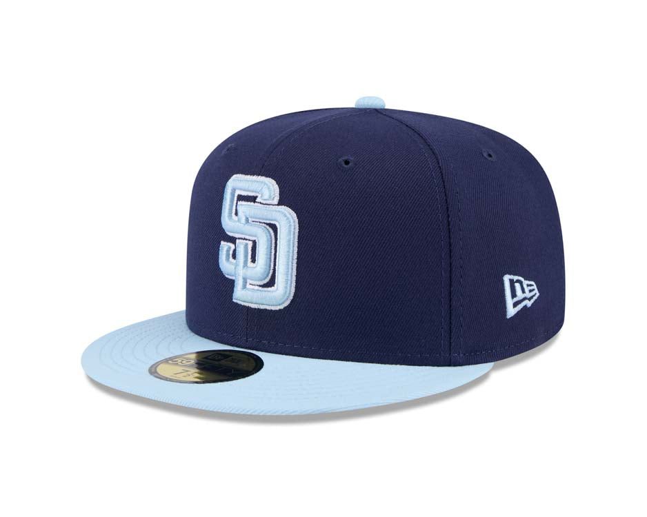 (Youth) San Diego Padres New Era MLB 59FIFTY 5950 Kid Fitted Cap Hat Navy Blue Crown Light Blue Visor Light Blue/White Logo (2-Tone Color Pack)