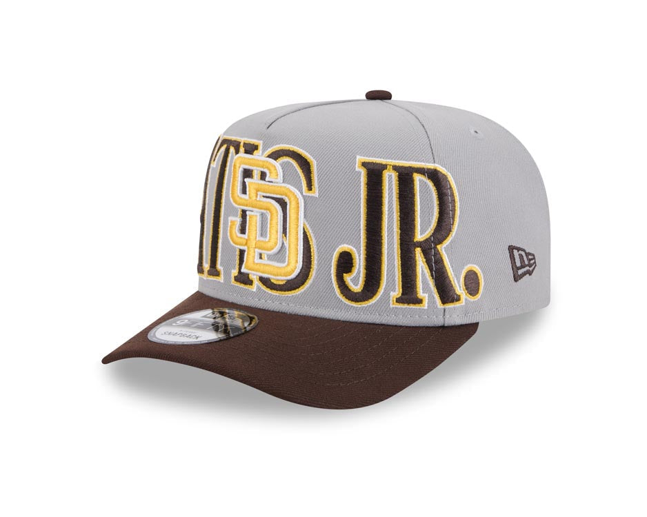 San Diego Padres New Era MLB 9FIFTY 950 Snapback A-Frame Cap Hat Gray Crown Brown Visor Yellow/White/Brown Logo Overlap Tatis Jr.