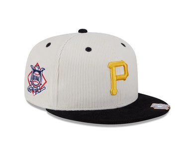 (Corduroy) Pittsburgh Pirates New Era MLB 59FIFTY 5950 Fitted Cap Hat Cream Crown Black Visor Yellow Logo Natiional League Side Patch