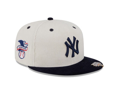 (Corduroy) New York Yankees New Era MLB 59FIFTY 5950 Fitted Cap Hat Cream Crown Navy Visor Navy Blue Logo American League Side Patch